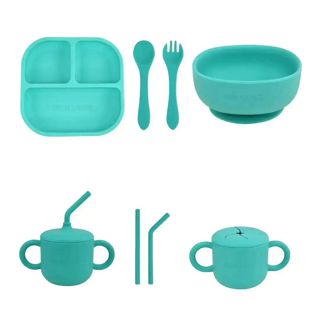 Kit Deluxe Vajilla + Babero BLW Turquesa 9 Piezas de Silicona orgánica con ventosas Nenina & Co