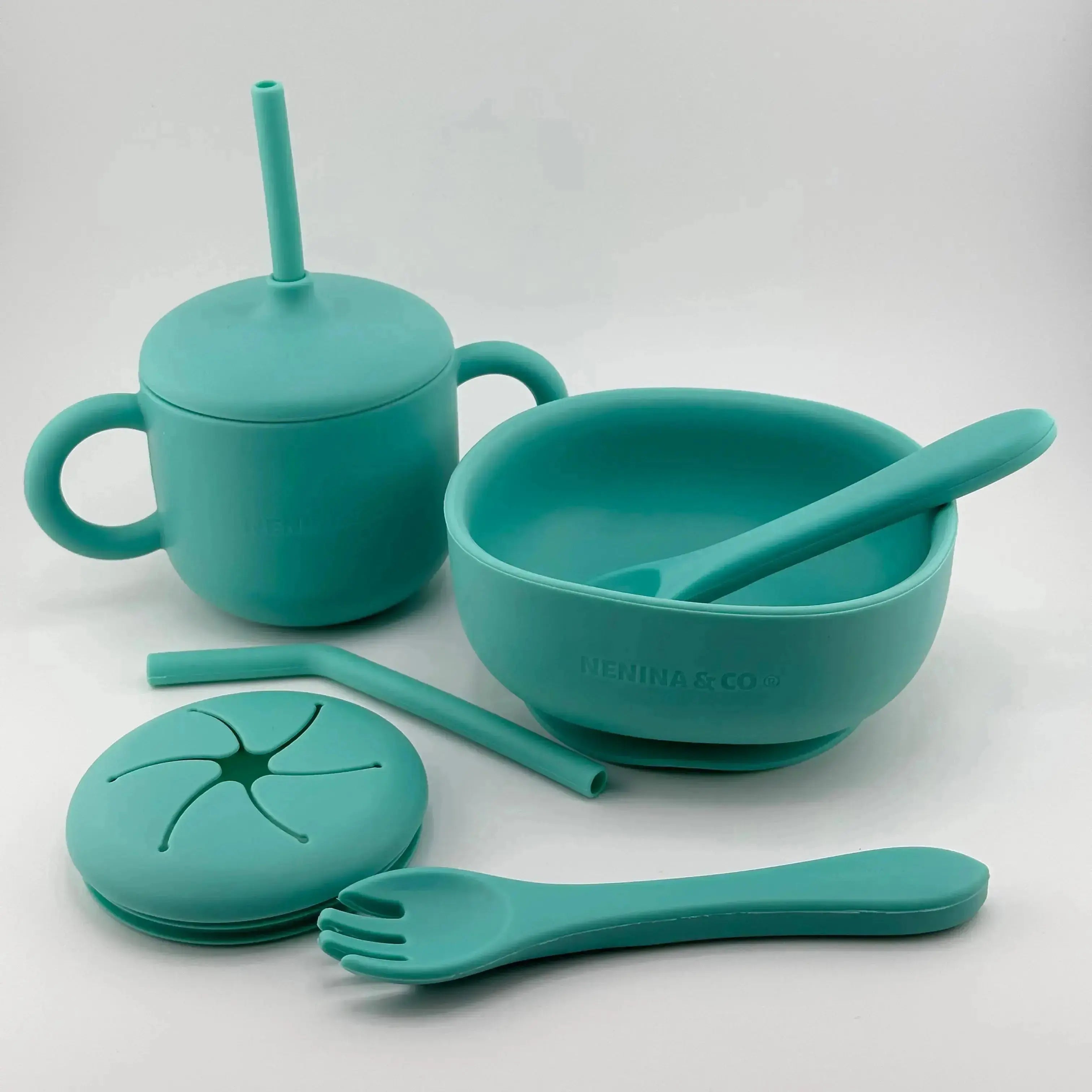 Kit Deluxe Babero + Vajilla BLW Turquesa 9 Piezas de Silicona orgánica con ventosas + Chupete Classic Breat Nenina & Co