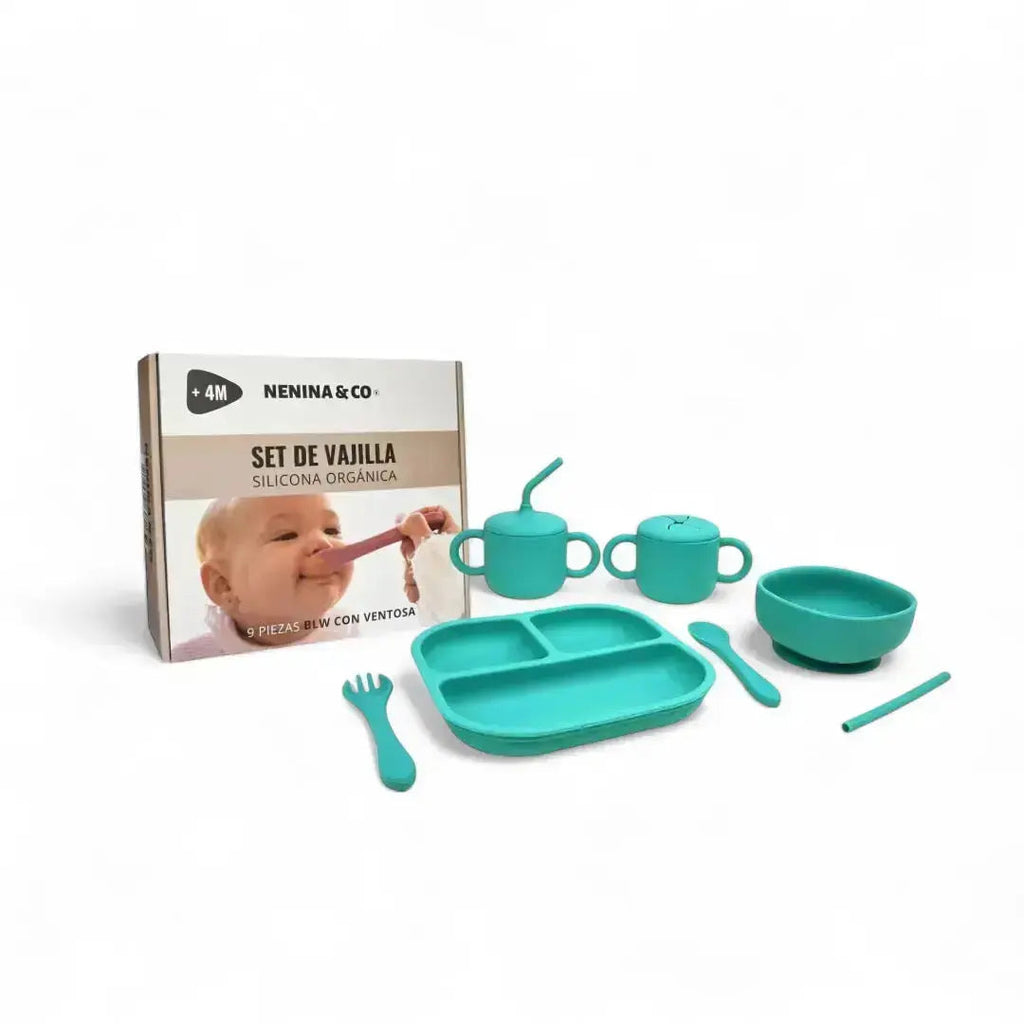 Kit Deluxe Babero + Vajilla BLW Turquesa 9 Piezas de Silicona orgánica con ventosas + Chupete Classic Breat Nenina & Co