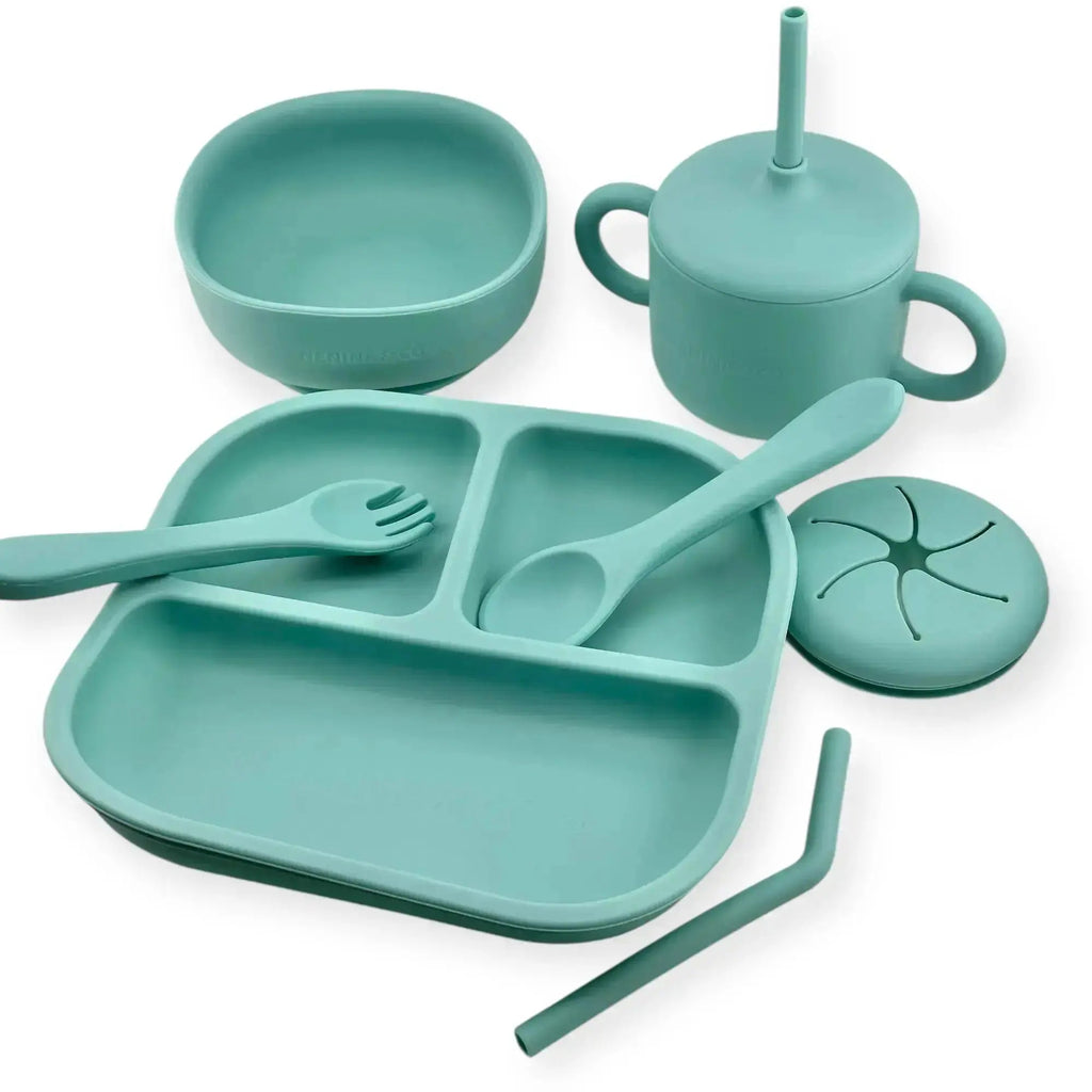 Kit Deluxe Vajilla + Babero BLW Turquesa 9 Piezas de Silicona orgánica con ventosas Nenina & Co