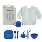 Kit Deluxe Babero + Vajilla BLW Blue 9 Piezas de Silicona orgánica con ventosas + Chupete Classic Breat Nenina & Co