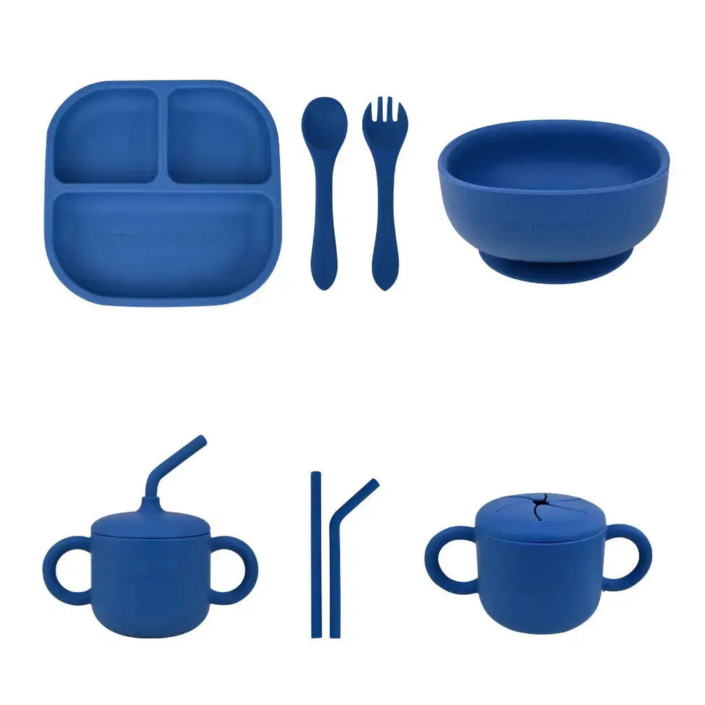 Kit Deluxe Babero + Vajilla BLW Blue 9 Piezas de Silicona orgánica con ventosas + Chupete Classic Breat Nenina & Co