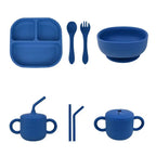 Kit Deluxe Vajilla + Babero BLW Blue 9 Piezas de Silicona orgánica con ventosas Nenina & Co