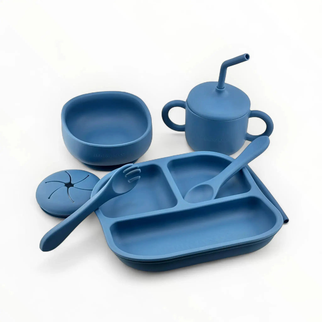 Kit Deluxe Babero + Vajilla BLW Blue 9 Piezas de Silicona orgánica con ventosas + Chupete Classic Breat Nenina & Co