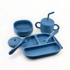 Kit Deluxe Babero + Vajilla BLW Blue 9 Piezas de Silicona orgánica con ventosas + Chupete Classic Breat Nenina & Co