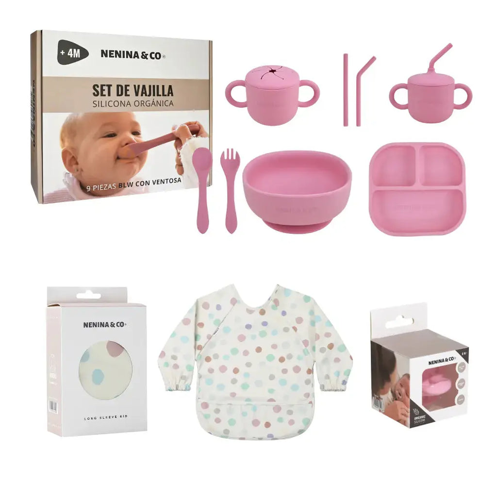 Kit Deluxe Vajilla + Babero BLW Pink 9 Piezas de Silicona orgánica con ventosas Nenina & Co