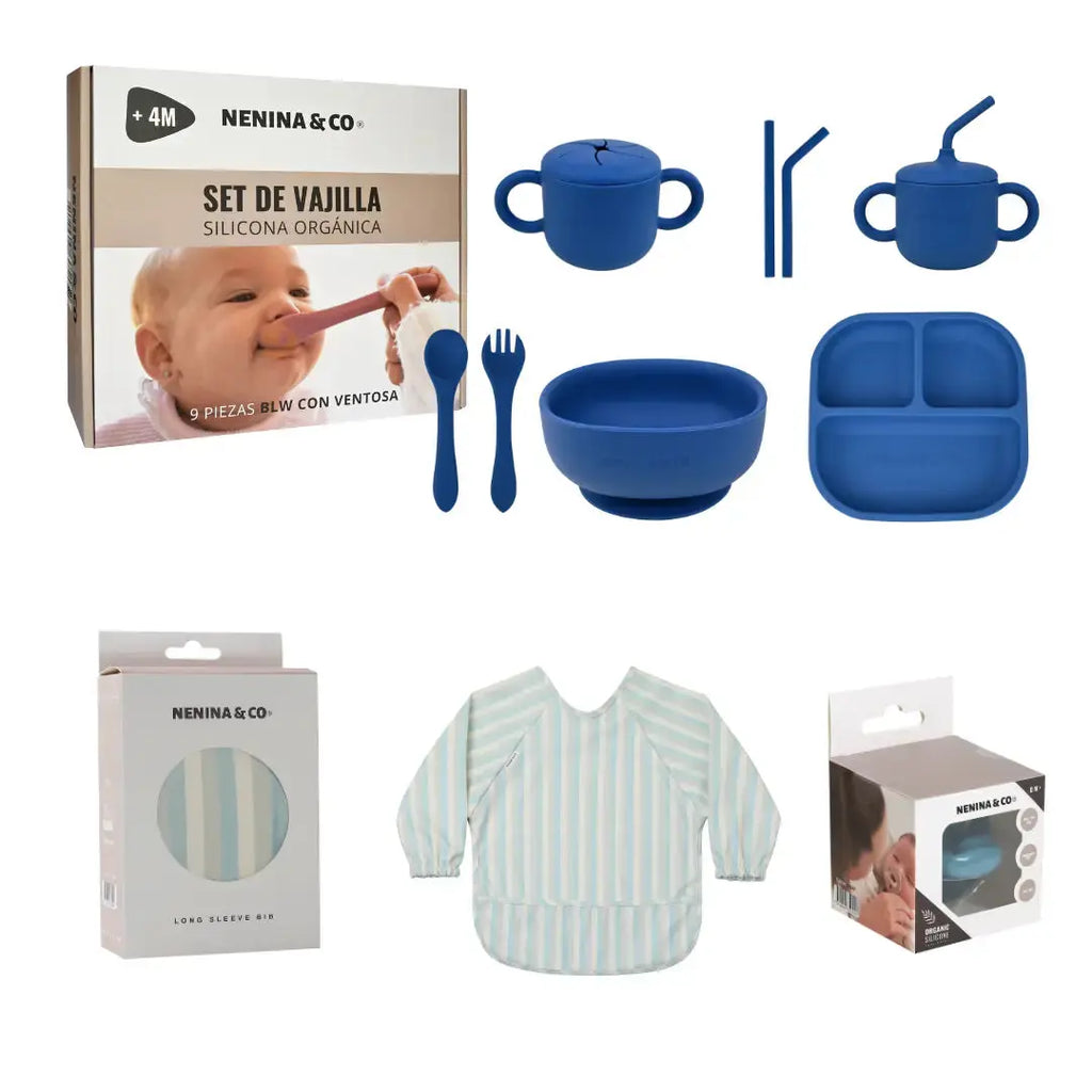 Kit Deluxe Babero + Vajilla BLW Gris 9 Piezas de Silicona orgánica con ventosas Nenina & Co