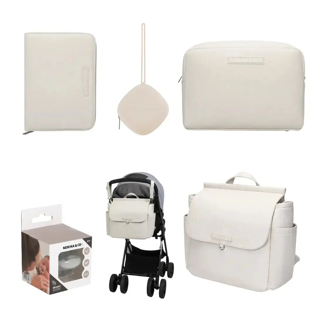 Kit Nacimiento Bebé Completo: Bolso Maternal, Cambiador, Neceser, Portadocumentos y Chupete Clásico | Nenina & Co