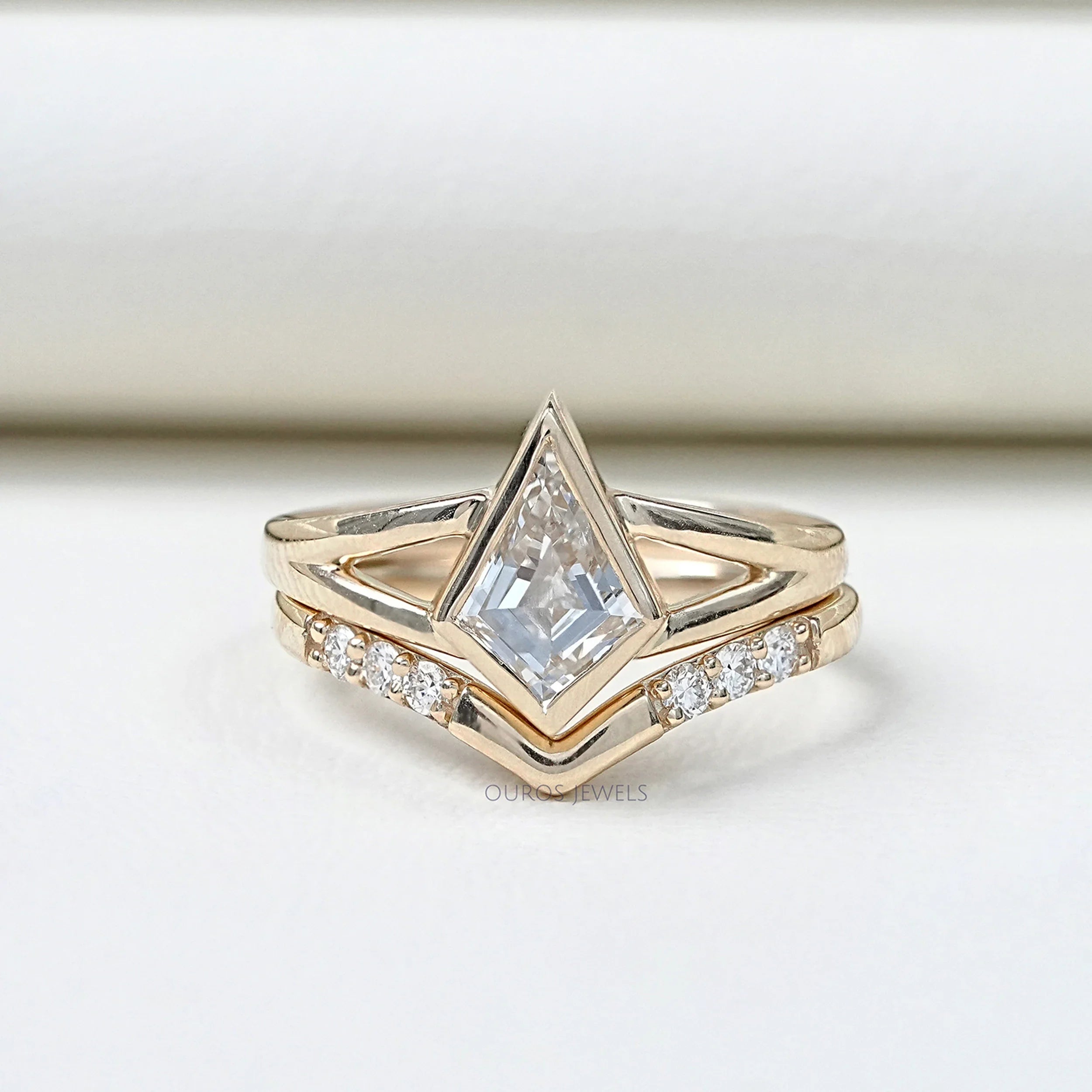 Kite Cut Lab Diamond Bezel Set Bridal Ring Set