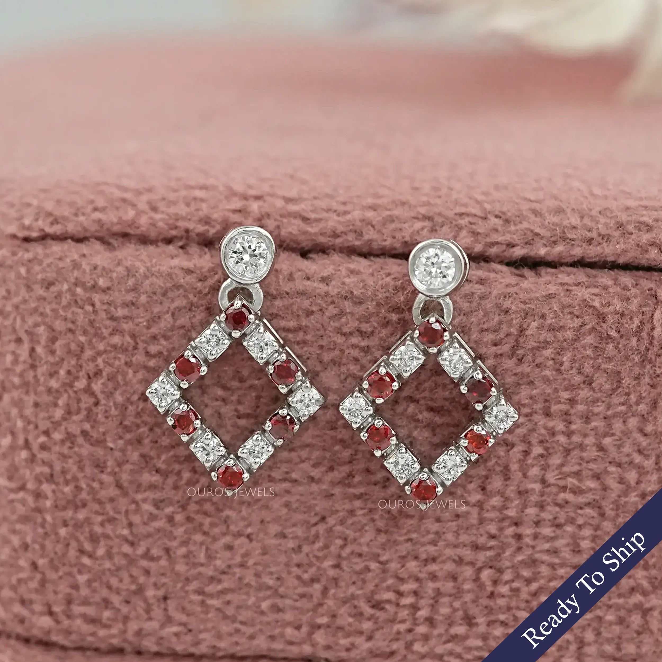 Ruby Round Gemstone Bezel Set Drop Earrings