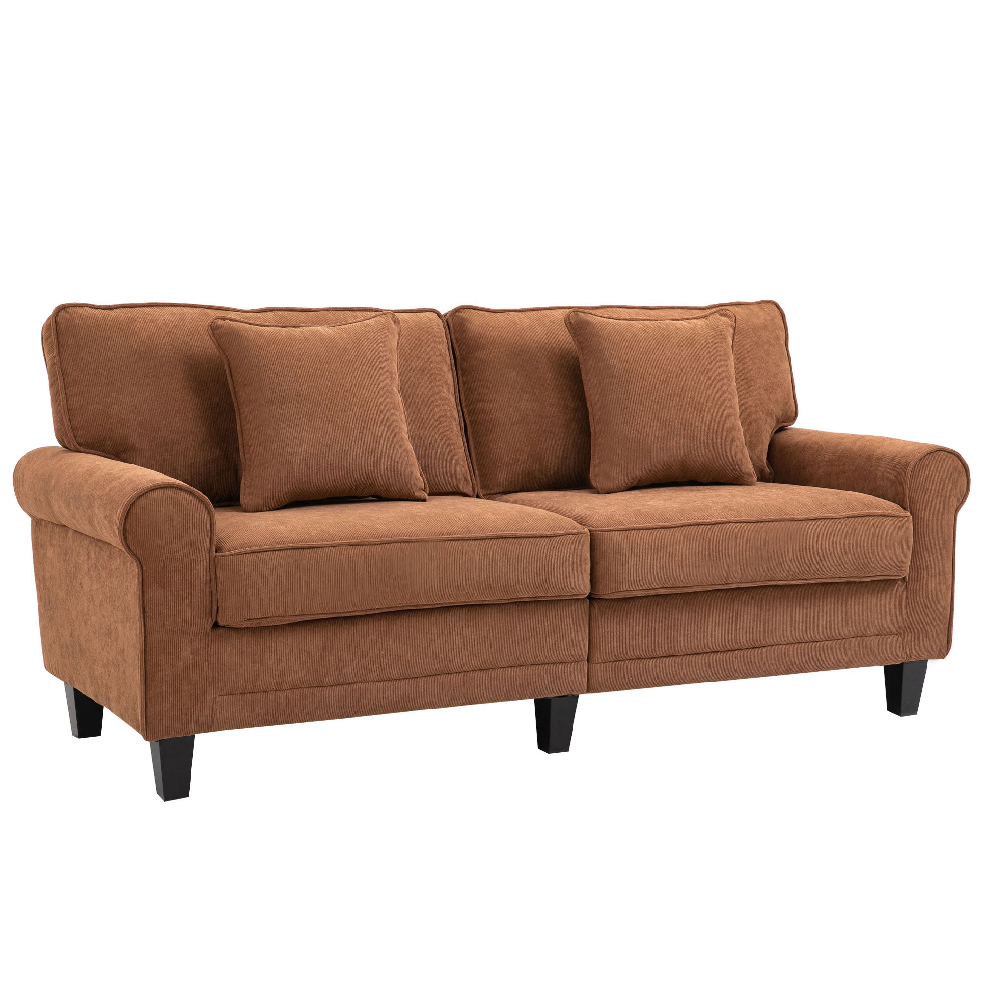 3-Seater Corduroy Sofa with Pine Wood Legs & Pillows, Brown