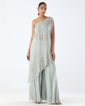 Powder Blue Embroidered One Shoulder Kaftan & Sharara Set By KYNAH, Luxury Indian Fashion & Bridal Wear