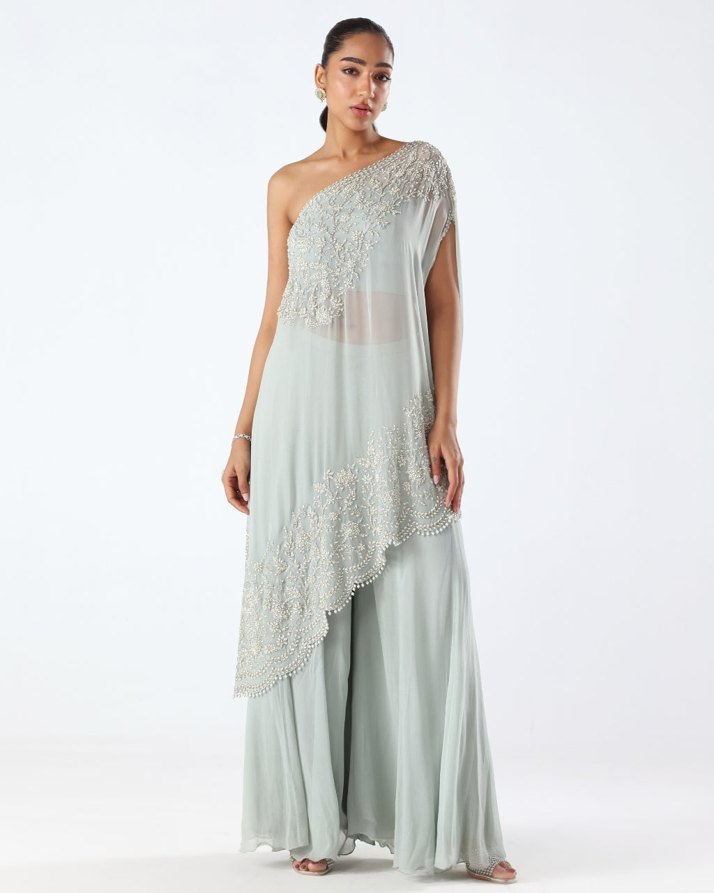 Powder Blue Embroidered One Shoulder Kaftan & Sharara Set By KYNAH, Luxury Indian Fashion & Bridal Wear