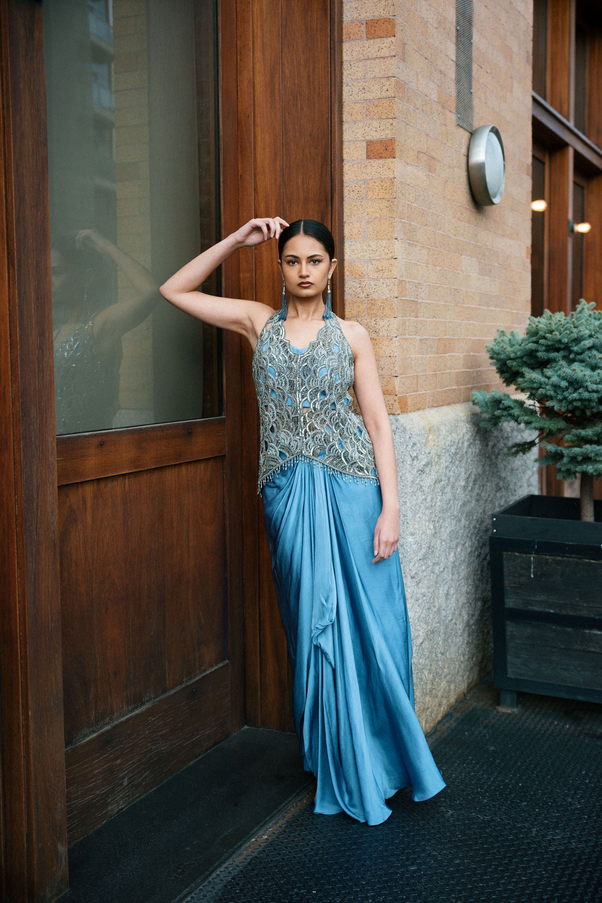 Blue Devi Peplum and Draped Skirt Set By KYNAH, Luxury Indian Fashion & Bridal Wear