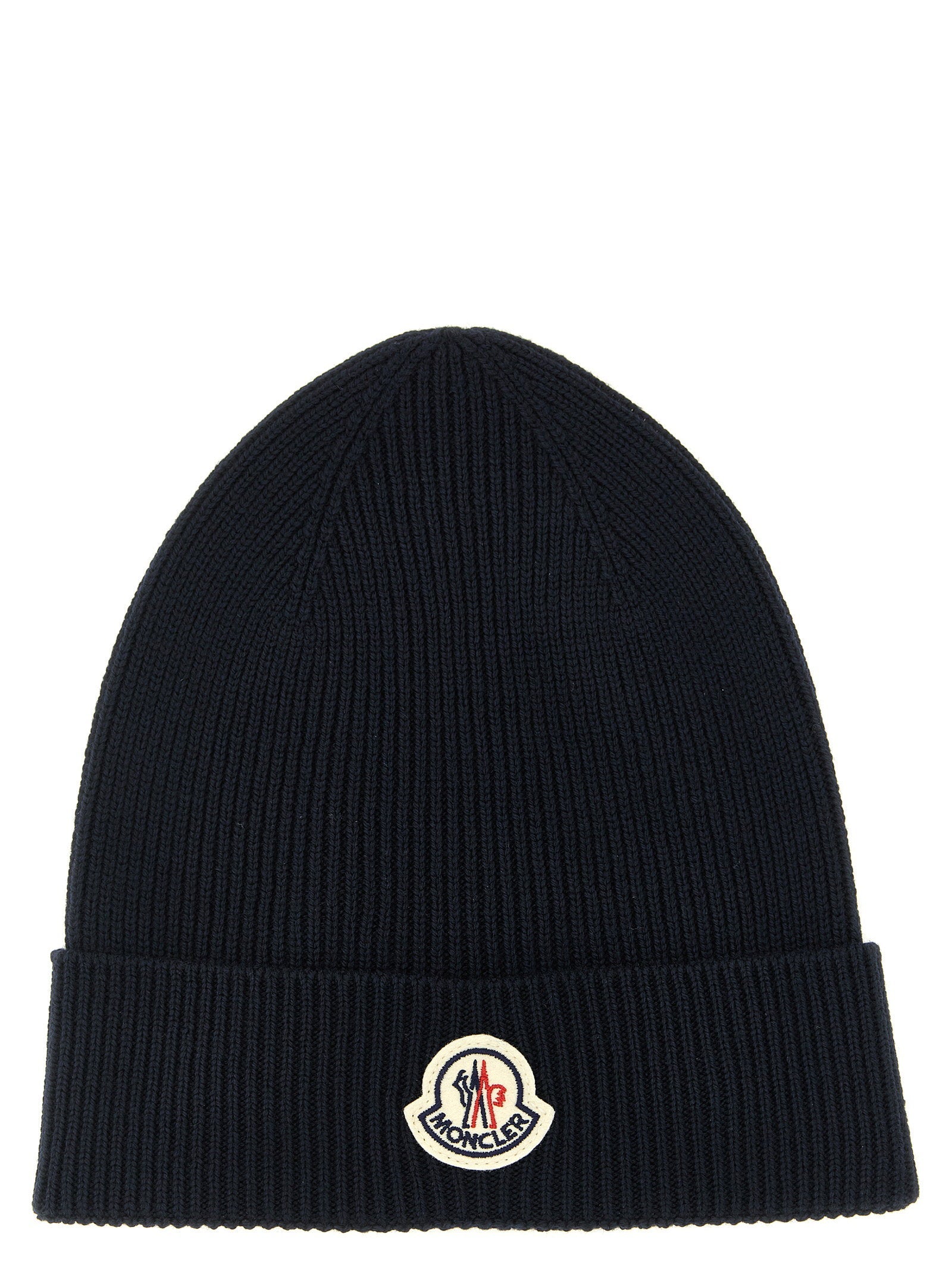 Moncler Virgin Wool Ribbed Knit Beanie — Navy