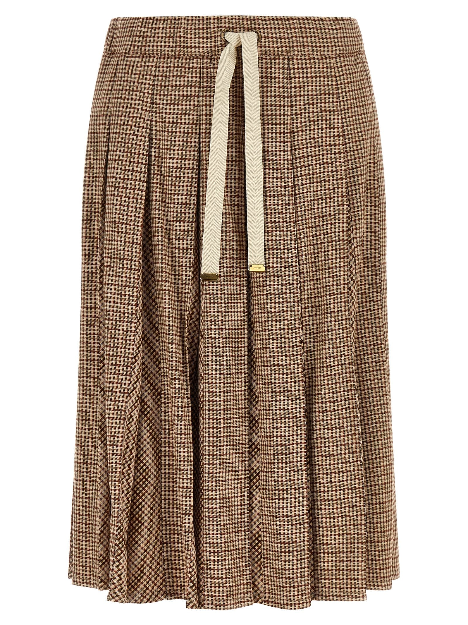 Moncler Pleated Check Wool Blend Skirt — Beige