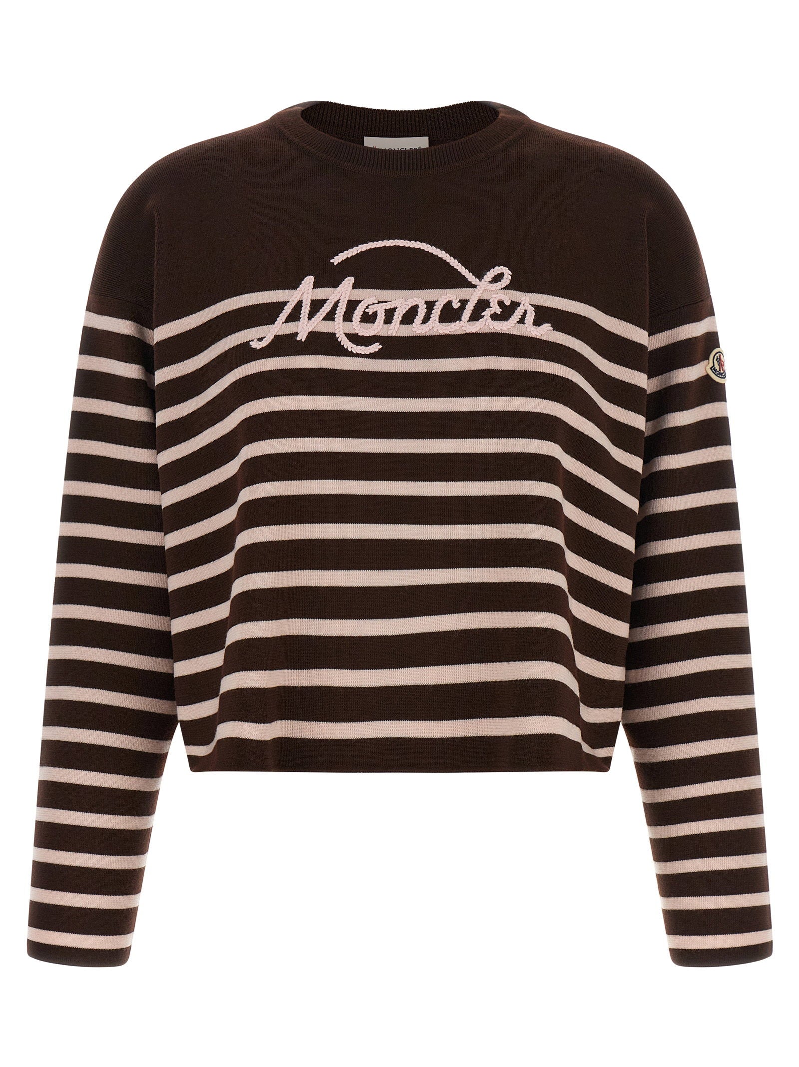 Moncler Striped Logo-Embroidered Virgin Wool Sweater — Brown