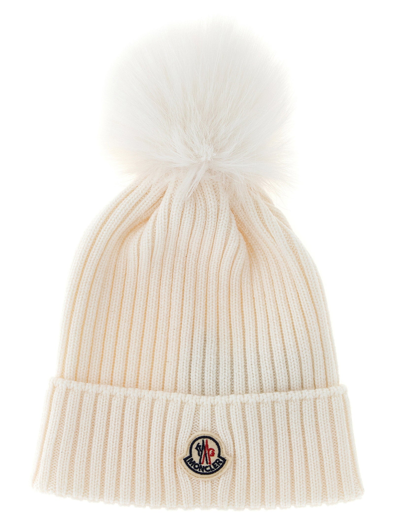 Moncler Enfant Ribbed Merino Wool Pom-Pom Beanie — Cream