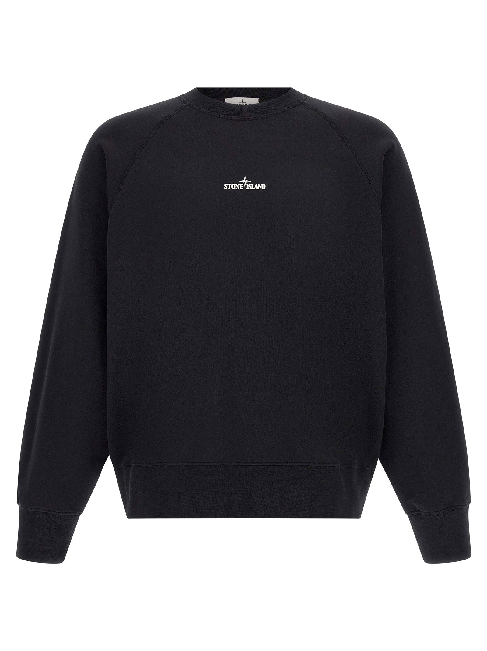 Stone Island Logo-Print Compact-Weave Cotton Sweatshirt — Black