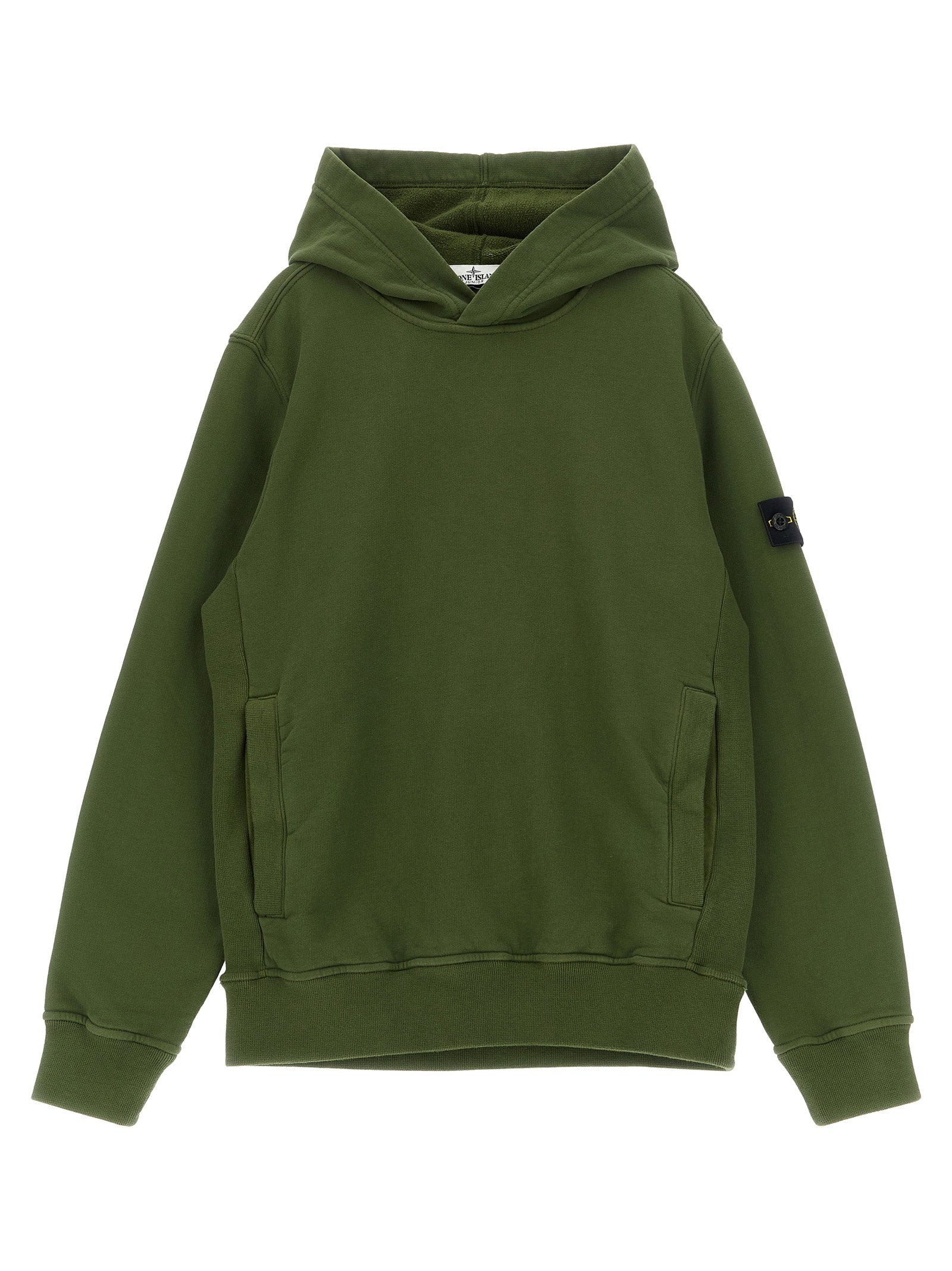 Stone Island Junior Badge Logo Cotton Hoodie — Olive