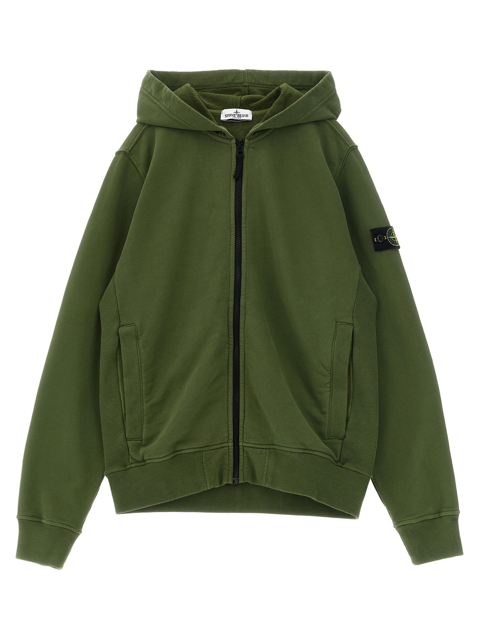 Stone Island Junior Logo Badge Pure Cotton Hoodie — Olive Green