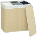 144L 3-Section Bamboo Laundry Basket with Lid, Removable Washable Liners & Handles, Cream White