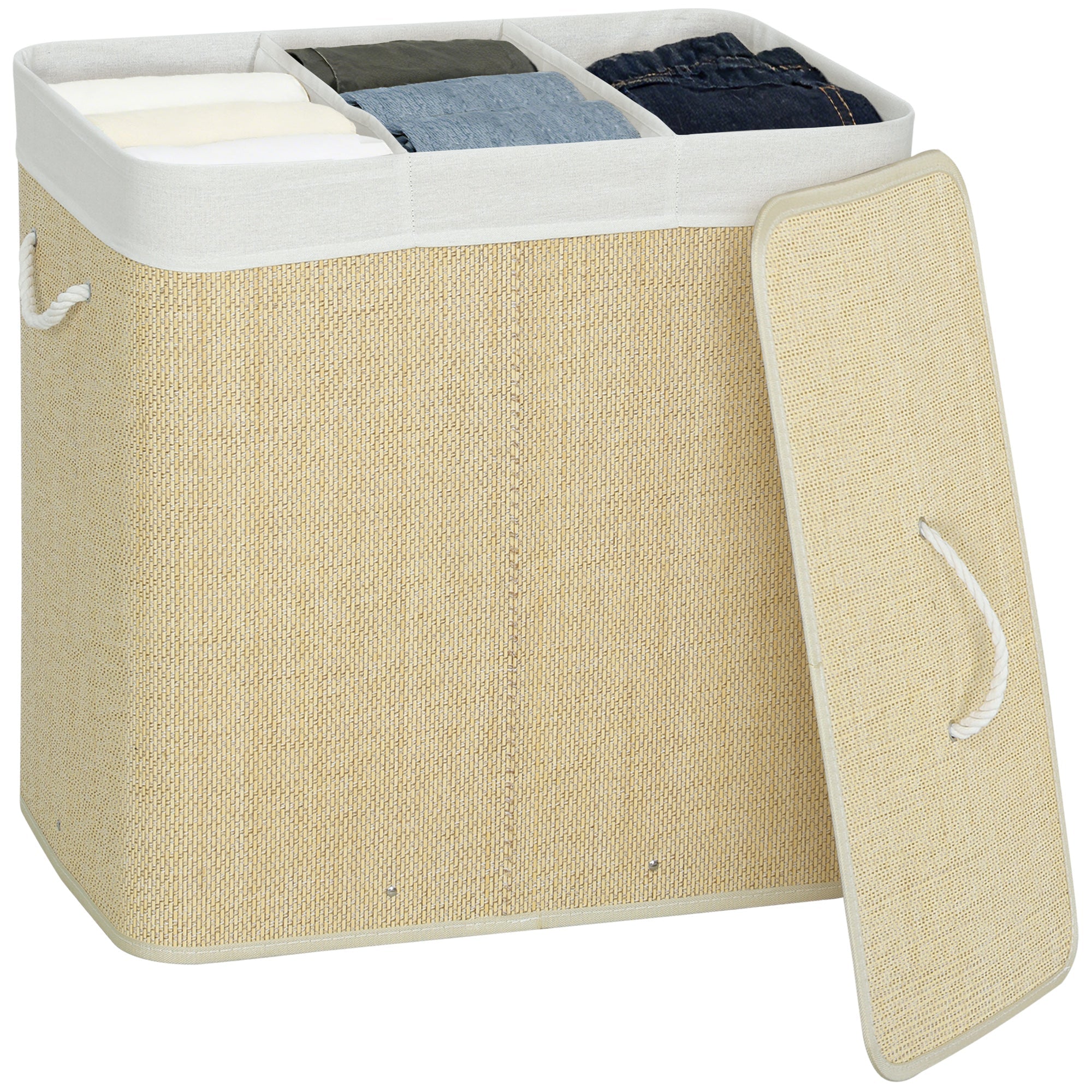 144L 3-Section Bamboo Laundry Basket with Lid, Removable Washable Liners & Handles, Cream White
