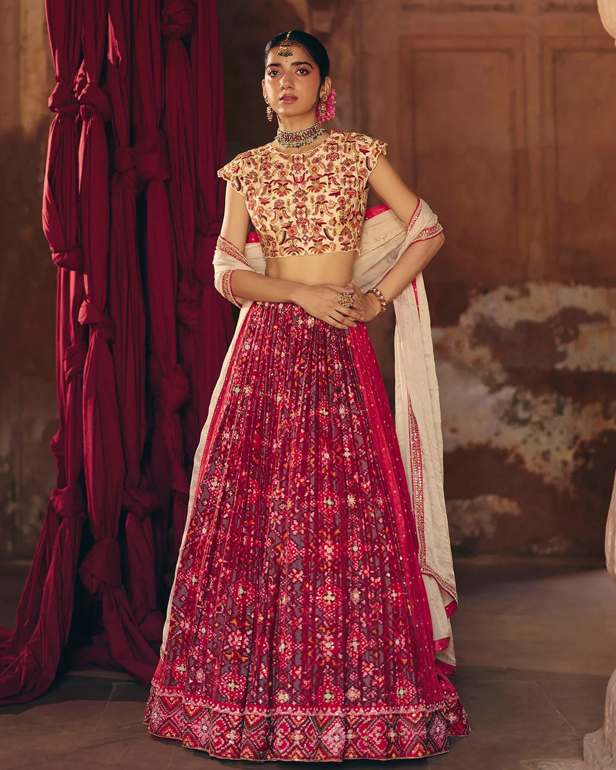 Red & Green Patola Lehenga By KYNAH, Luxury Indian Fashion & Bridal Wear