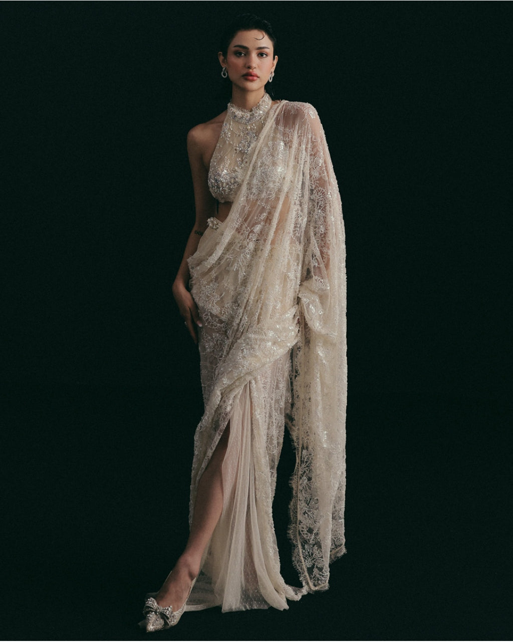 Icing On The Lace Draped Sari By KYNAH, Luxury Indian Fashion & Bridal Wear