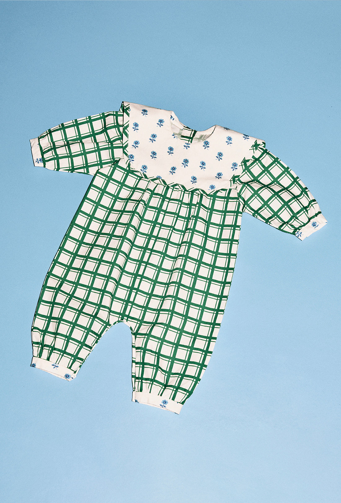 Leda Baby & Kids Romper - Leaf Green Check/Delft Flower