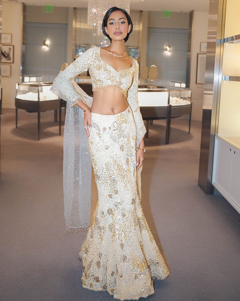 Ivory Georgette Fit And Flare Lehenga Set By KYNAH, Luxury Indian Fashion & Bridal Wear