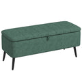 Rectangular Storage Ottoman with Flip Top & Steel Legs, Linen Fabric Footstool Bench, Dark Green