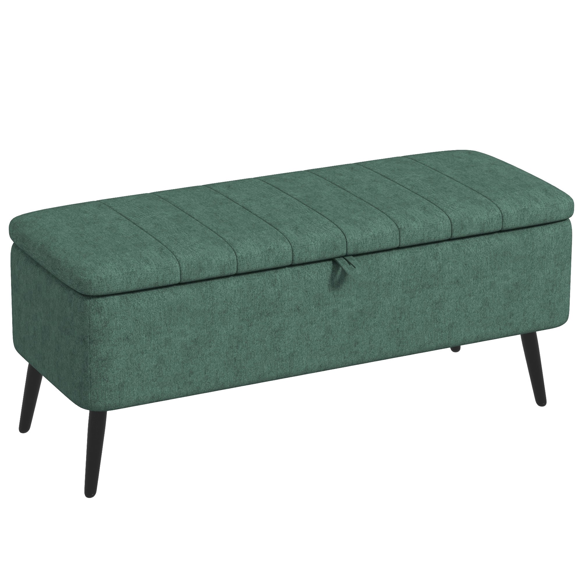 Rectangular Storage Ottoman with Flip Top & Steel Legs, Linen Fabric Footstool Bench, Dark Green