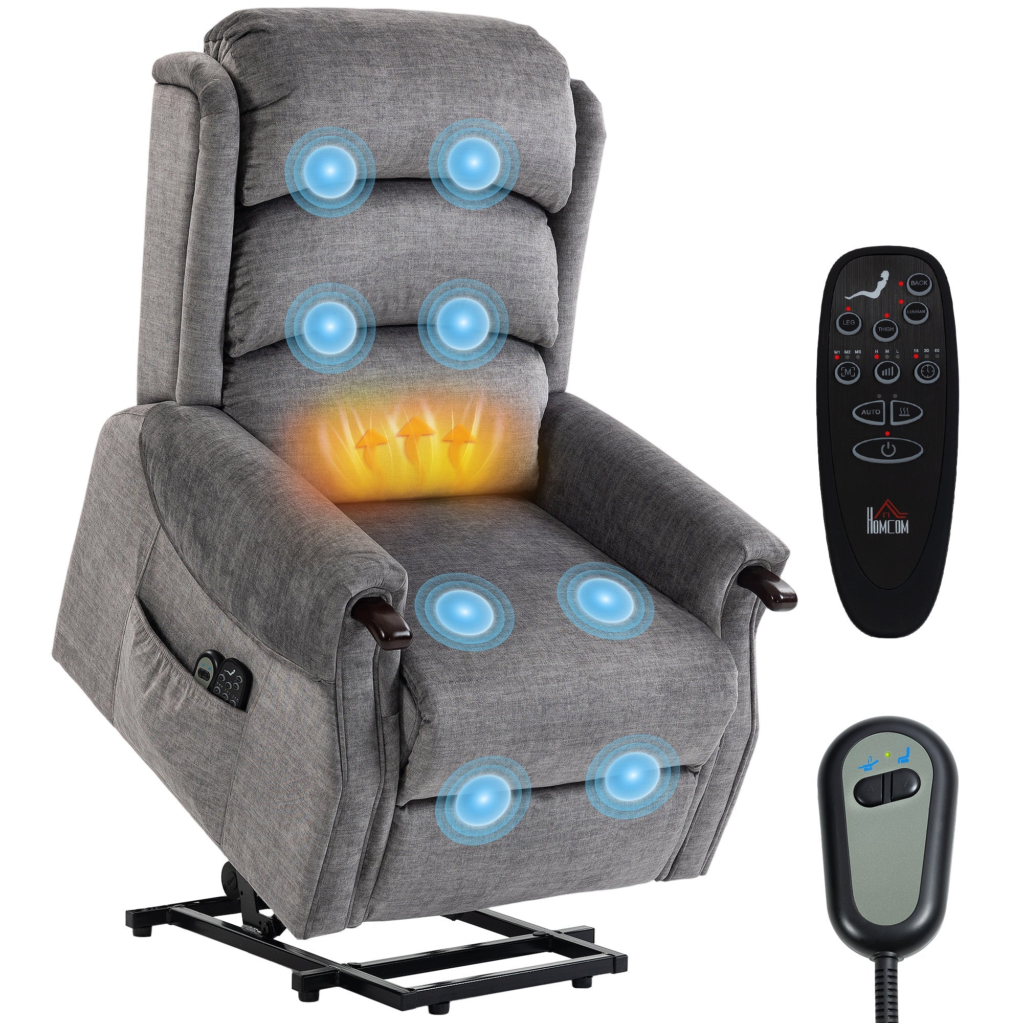 Power Lift Recliner with Vibration Massage, Heat and Remote, Fabric, Light Grey