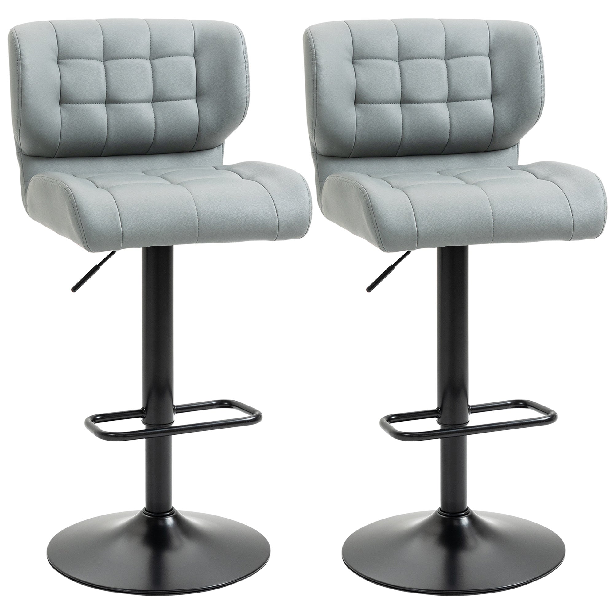 Set of 2 Adjustable PU Leather Bar Stools with Footrest & Back, Grey