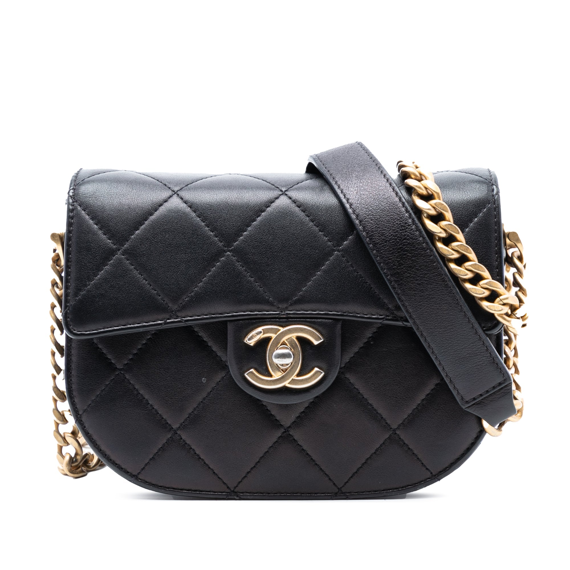 Mini CC Quilted Shiny Calfskin Round Moon Messenger Flap
