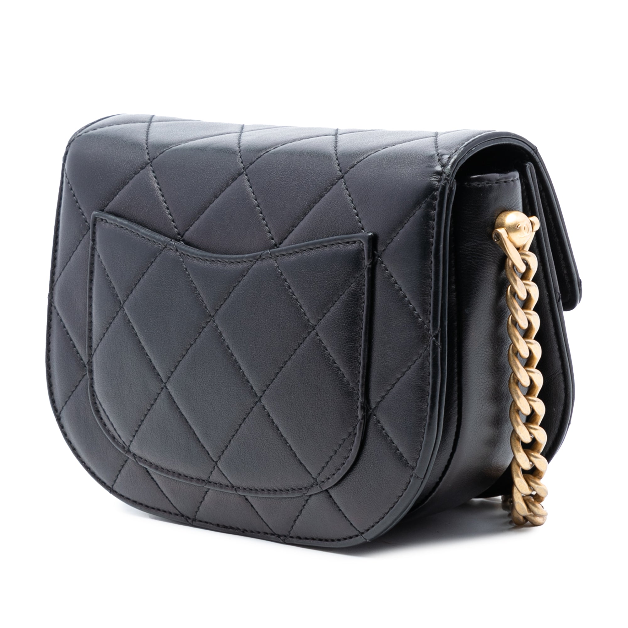 Mini CC Quilted Shiny Calfskin Round Moon Messenger Flap