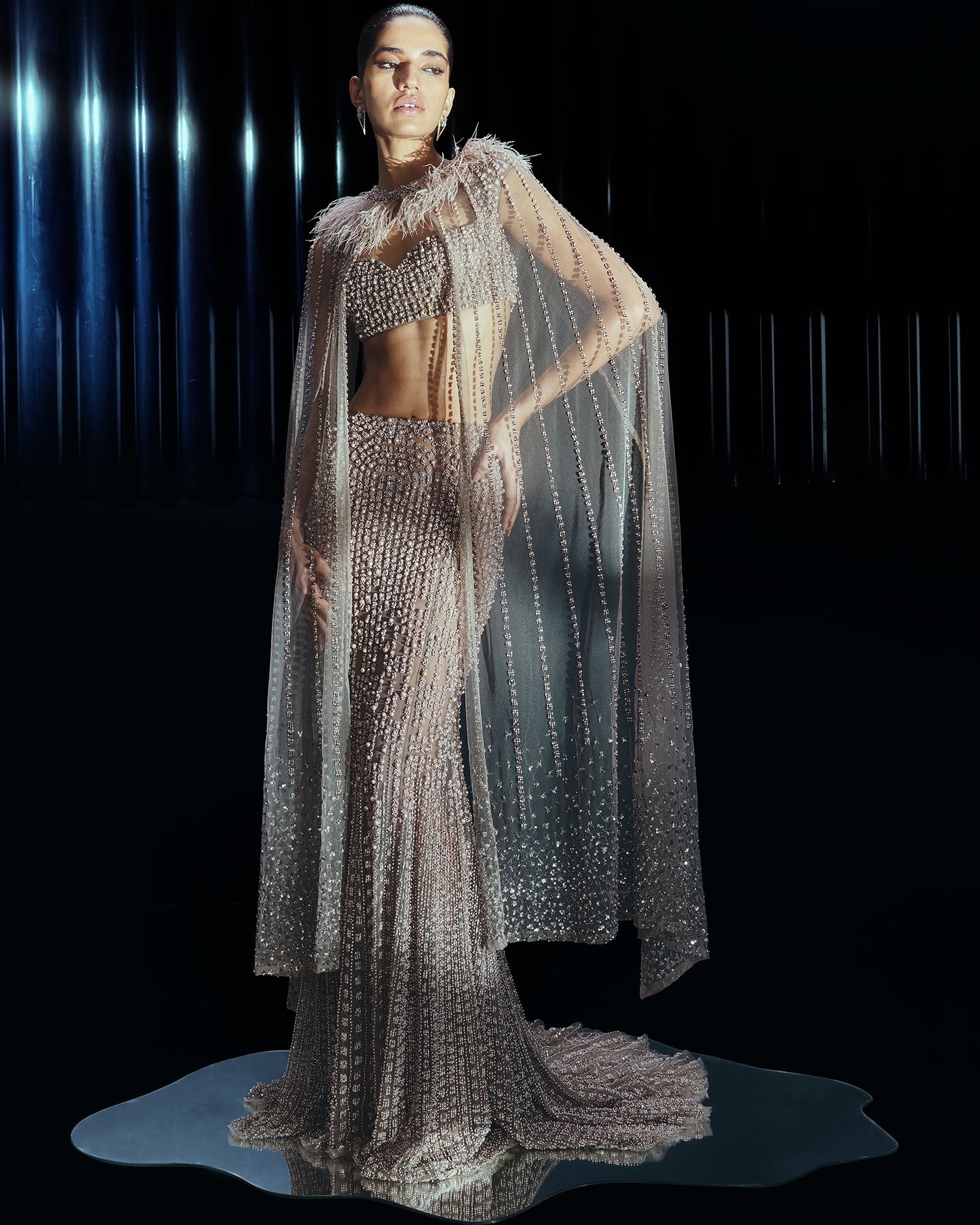 Elysian Spark Lehenga Paired With Statement Crystal Cape By KYNAH, Luxury Indian Fashion & Bridal Wear