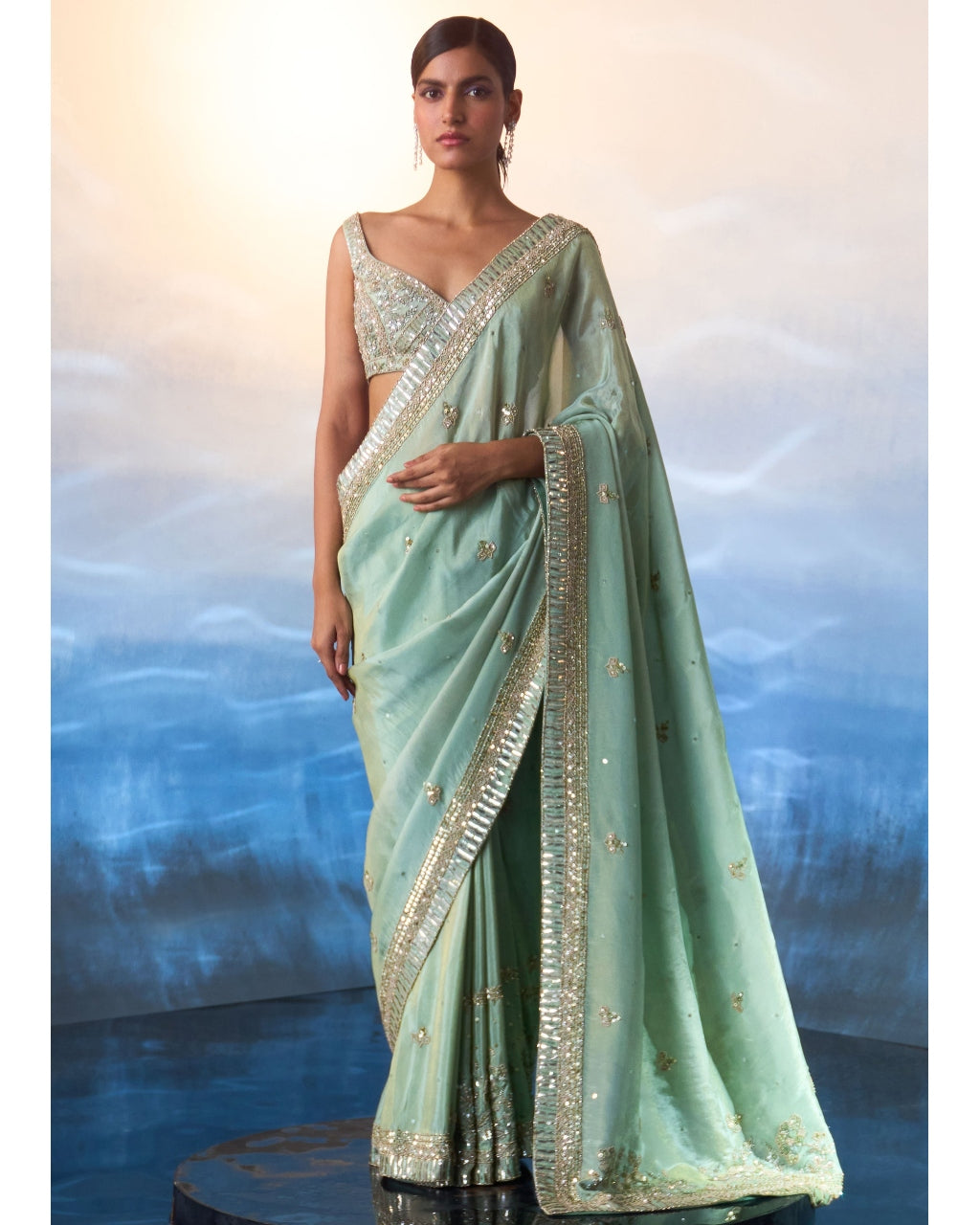 Seafoam Green Tissue Sari By KYNAH, Luxury Indian Fashion & Bridal Wear