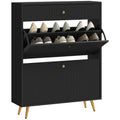 Narrow Shoe Cabinet with Wave-like Panels & 2 Flip Drawers for 12 Pairs of Shoes, Black