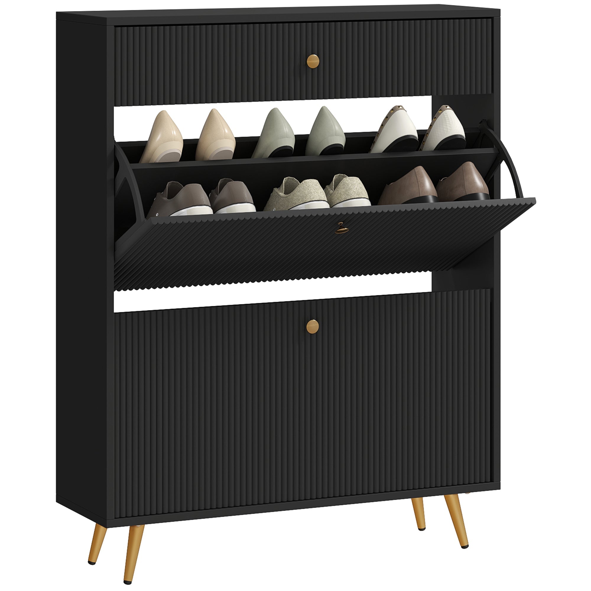 Narrow Shoe Cabinet with Wave-like Panels & 2 Flip Drawers for 12 Pairs of Shoes, Black