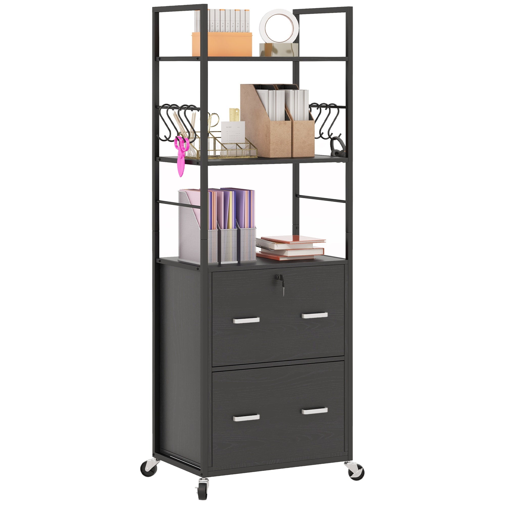 67.7" Tall Printer Stand w/ Storage Shelves & Hooks, 2-Drawer Lockable File Cabinet, Black