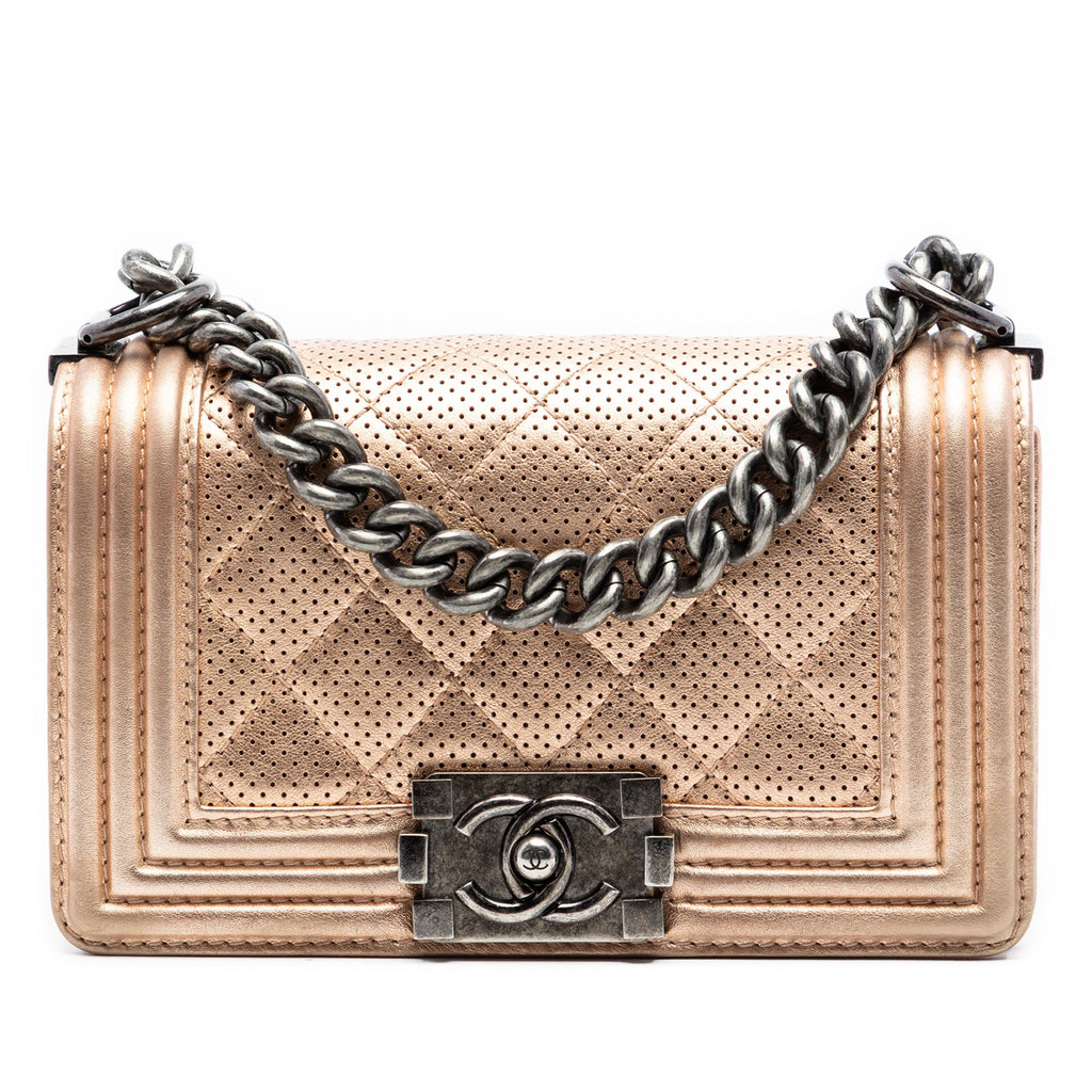 Small Quilted Perforated Metallic Lambskin Boy Flap