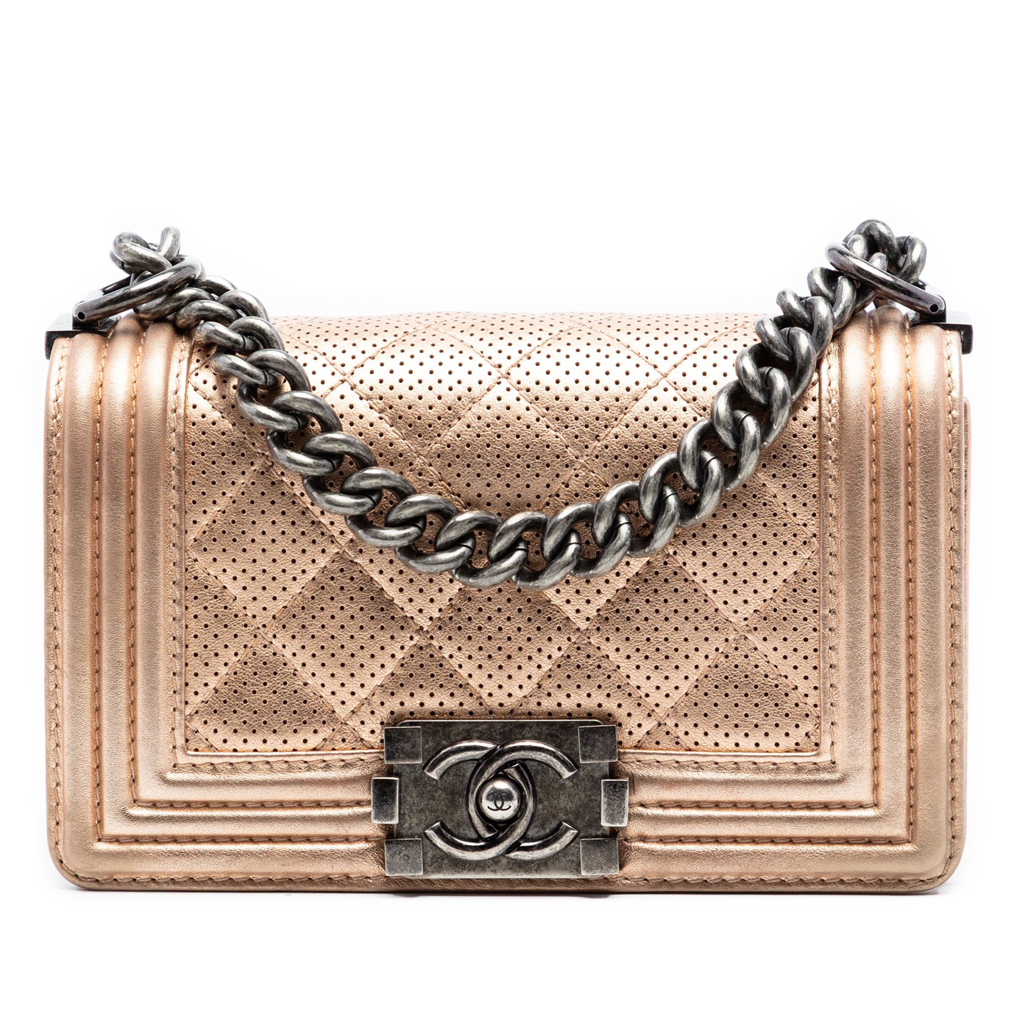 Small Quilted Perforated Metallic Lambskin Boy Flap