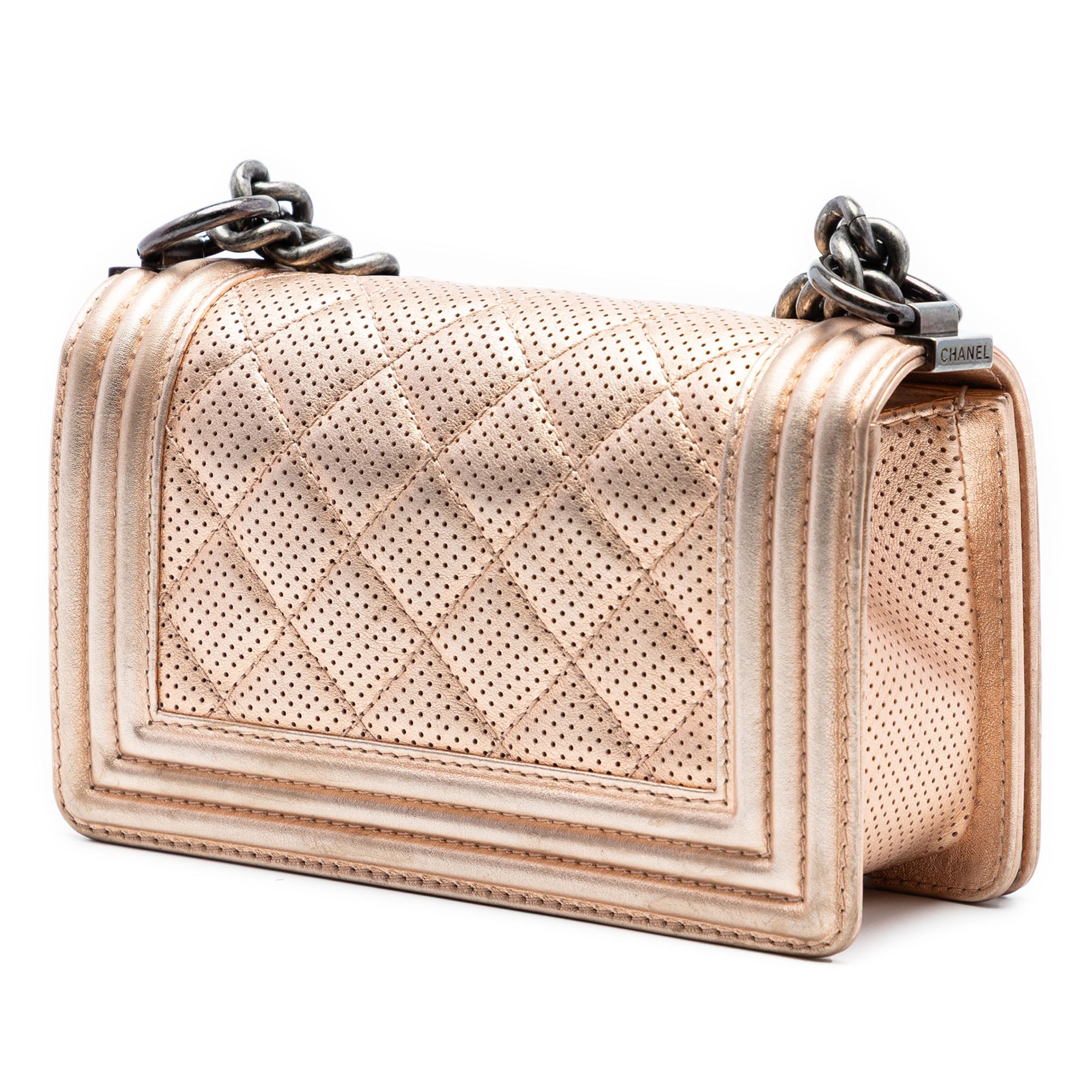 Small Quilted Perforated Metallic Lambskin Boy Flap
