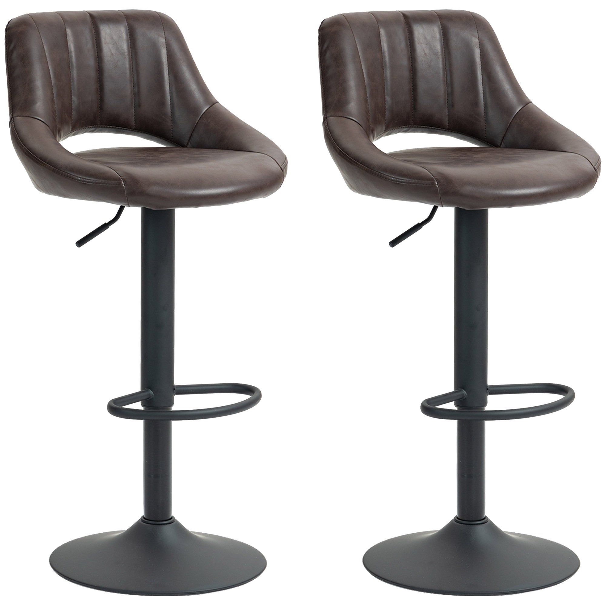 Set of 2 Adjustable Faux Leather Swivel Bar Stools with Round Metal Base, Brown