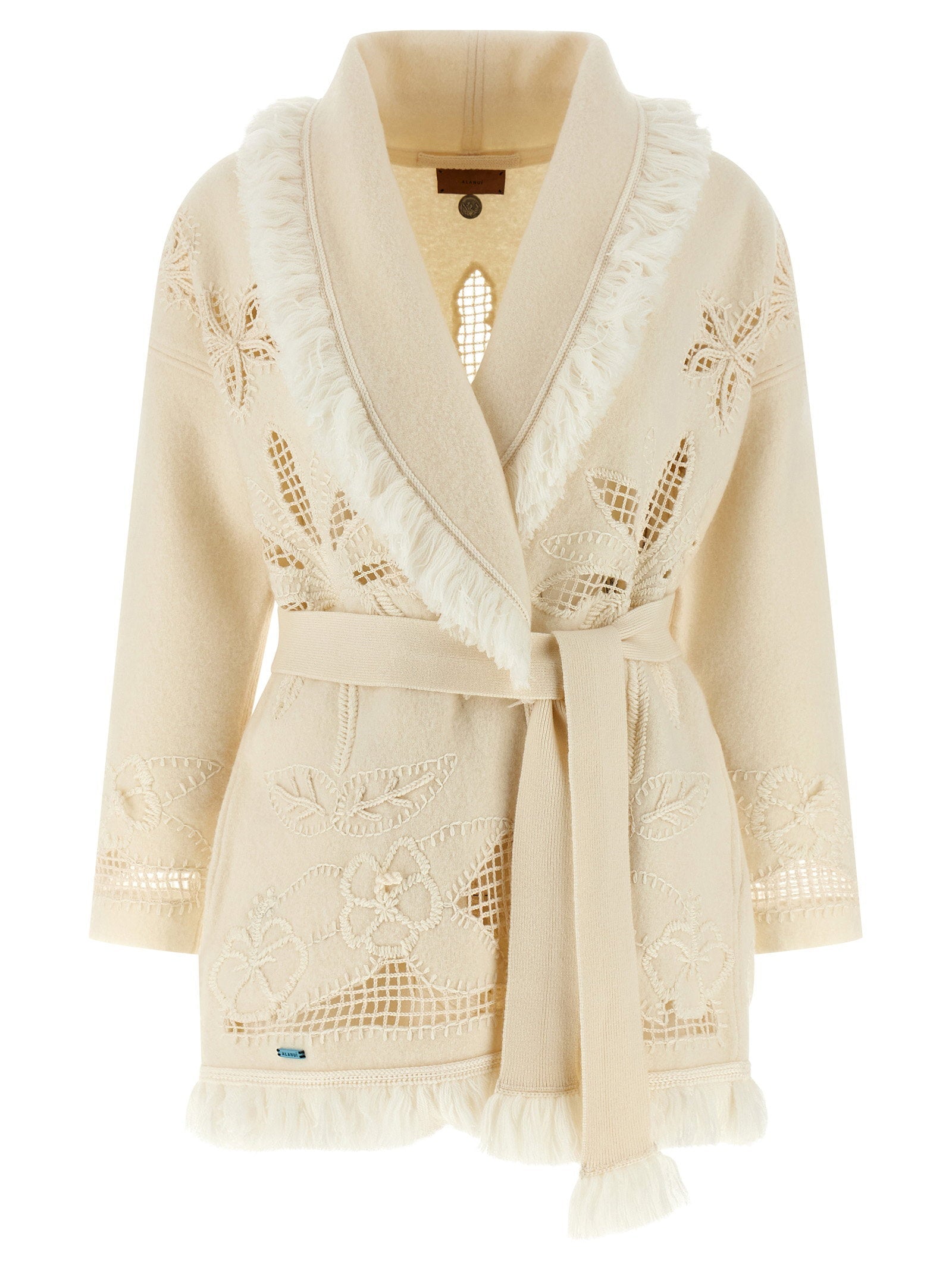 Alanui Hand-Embroidered Virgin Wool Cardigan — Cream