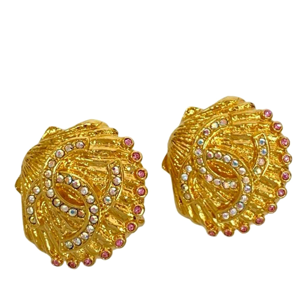 CC Gold Plated Rhinestone Shell Clip On Earrings
