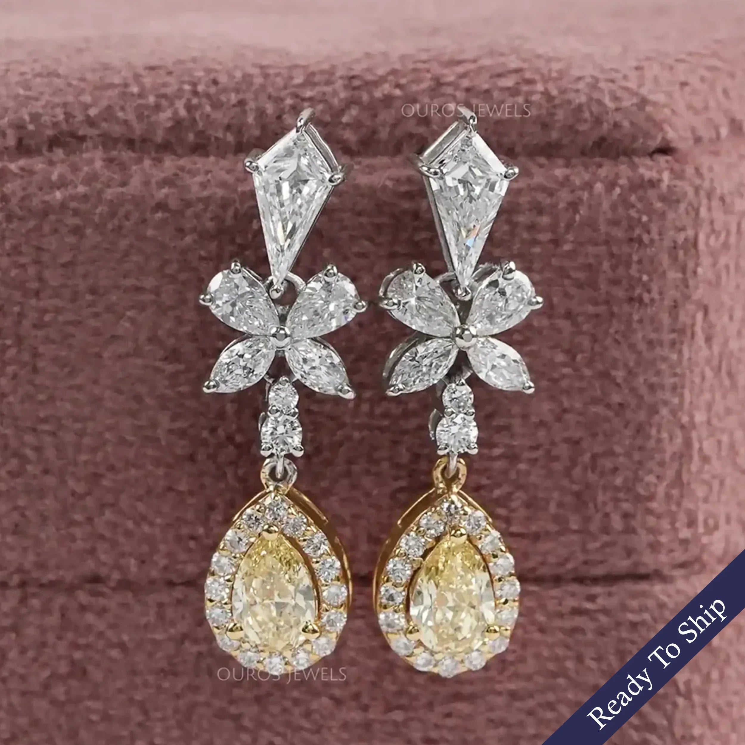 Yellow Pear Lab Diamond Halo Dangle Earrings