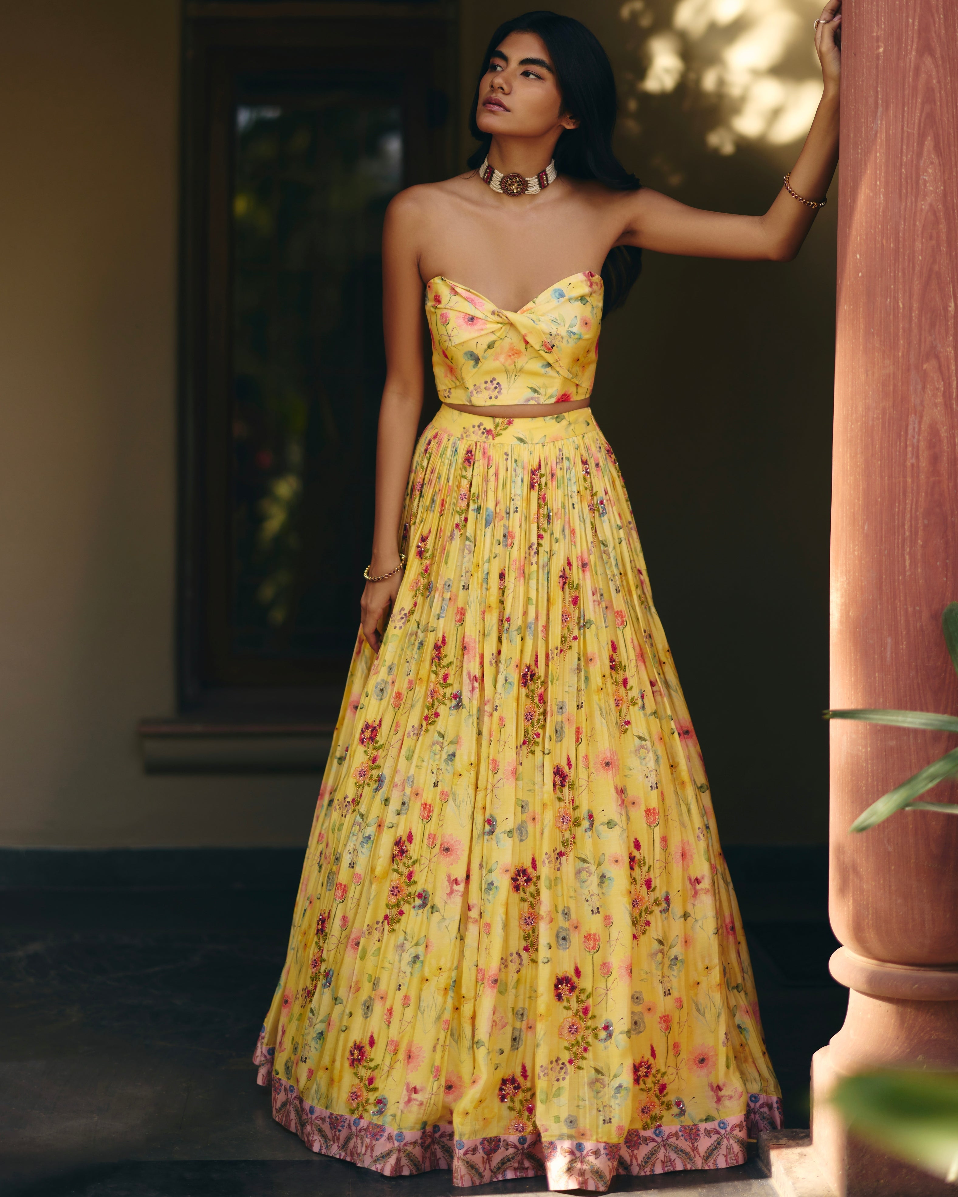 Yellow Floral Skirt Set By KYNAH, Luxury Indian Fashion & Bridal Wear